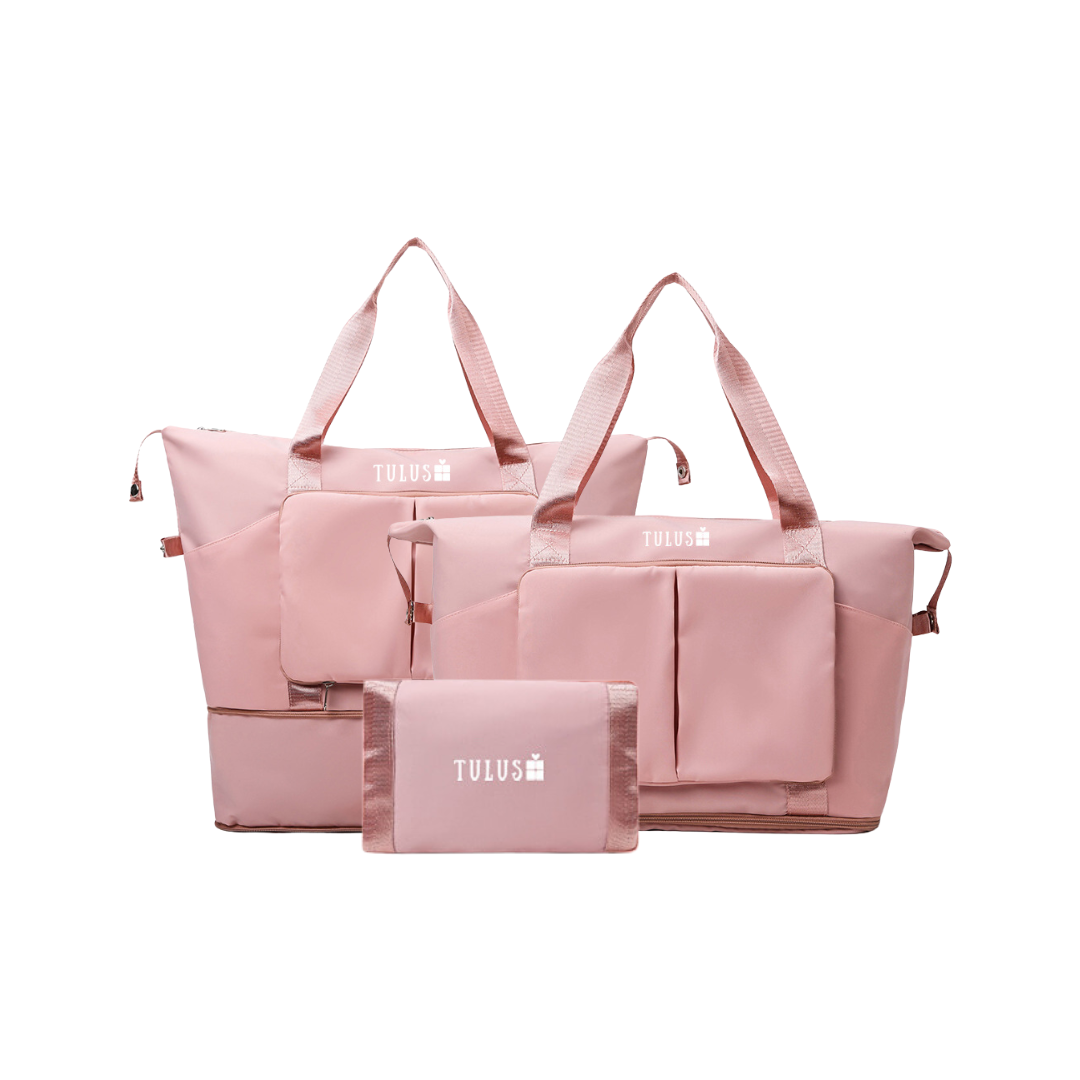Foldable, expandable and waterproof tote and travel bag in blush pink, spacious, accessible pockets with wet and dry compartments.