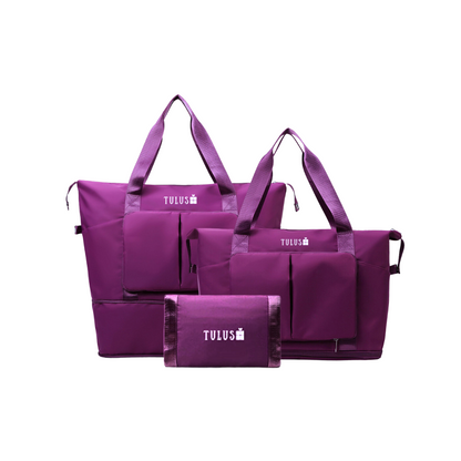 Foldable, expandable and waterproof tote and travel bag in deep purple, spacious, accessible pockets with wet and dry compartments.