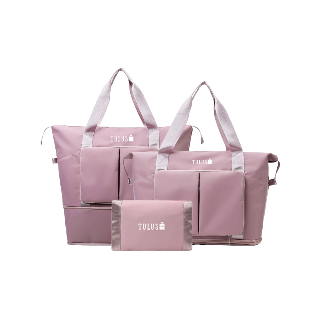 Foldable, expandable and waterproof tote and travel bag in mauve, spacious, accessible pockets with wet and dry compartments.